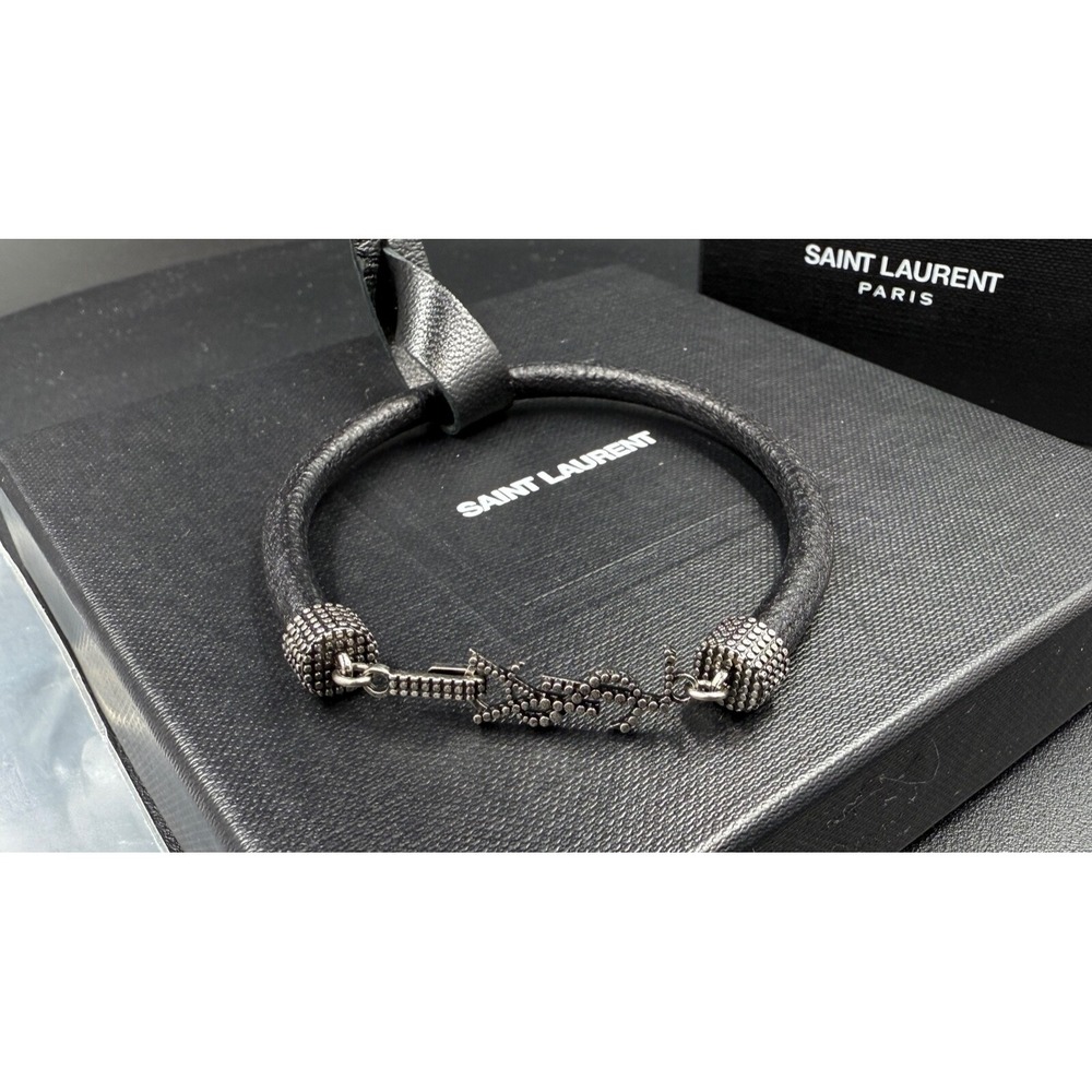 NWT YSL Saint Laurent Logo‎ Opyum Metal and Leather Black Bracelet Size S - Picture 4 of 6